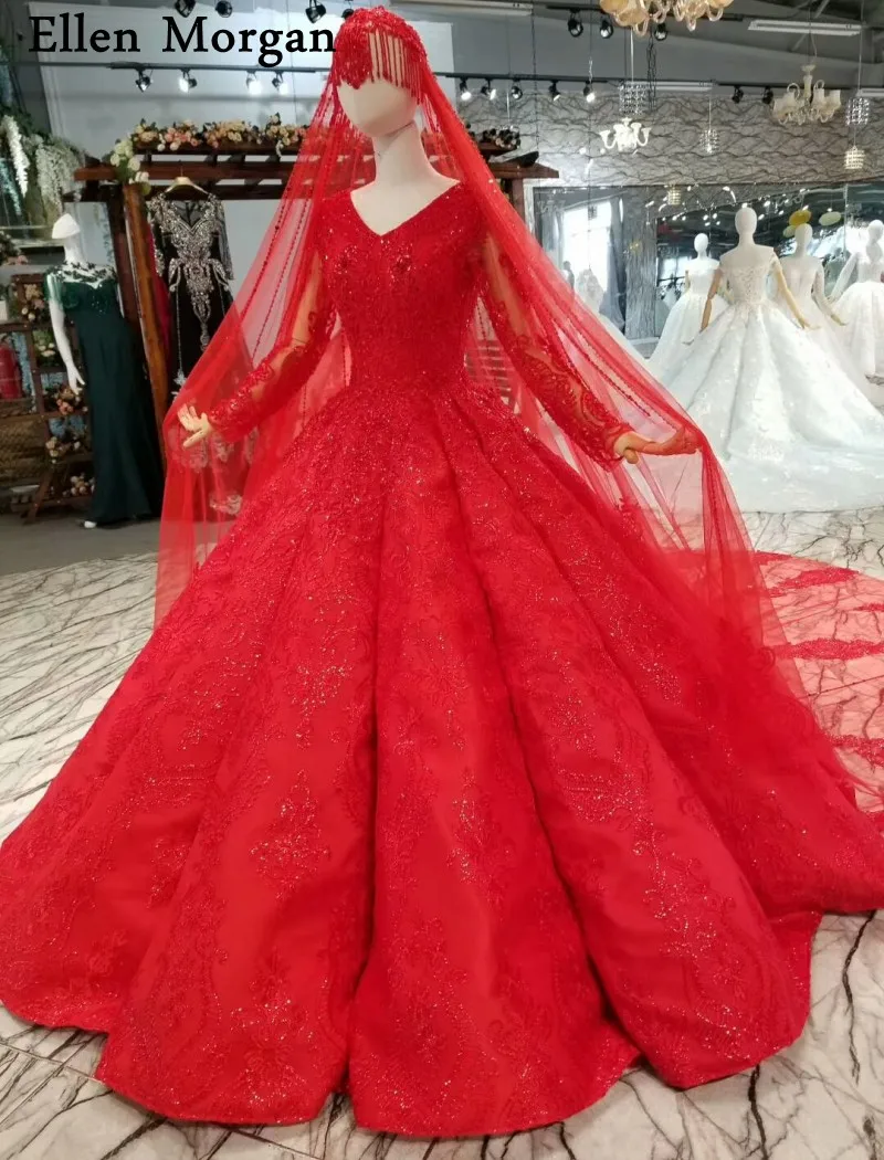 Muslim Long Sleeves Red Wedding Dresses 2019 for Women Vintage V NecK Floor Length Customized Ball Gowns Bridal with Veils | Свадьбы и