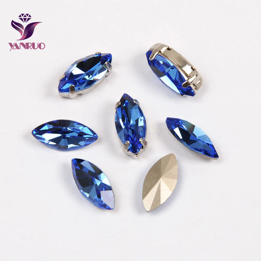 YNARUO 4200 Navette Sapphire Blue Crystals K9 Fancy Stones Rhinestones Sewn Strass Claw Settings for Crafts Handiwork Diamond