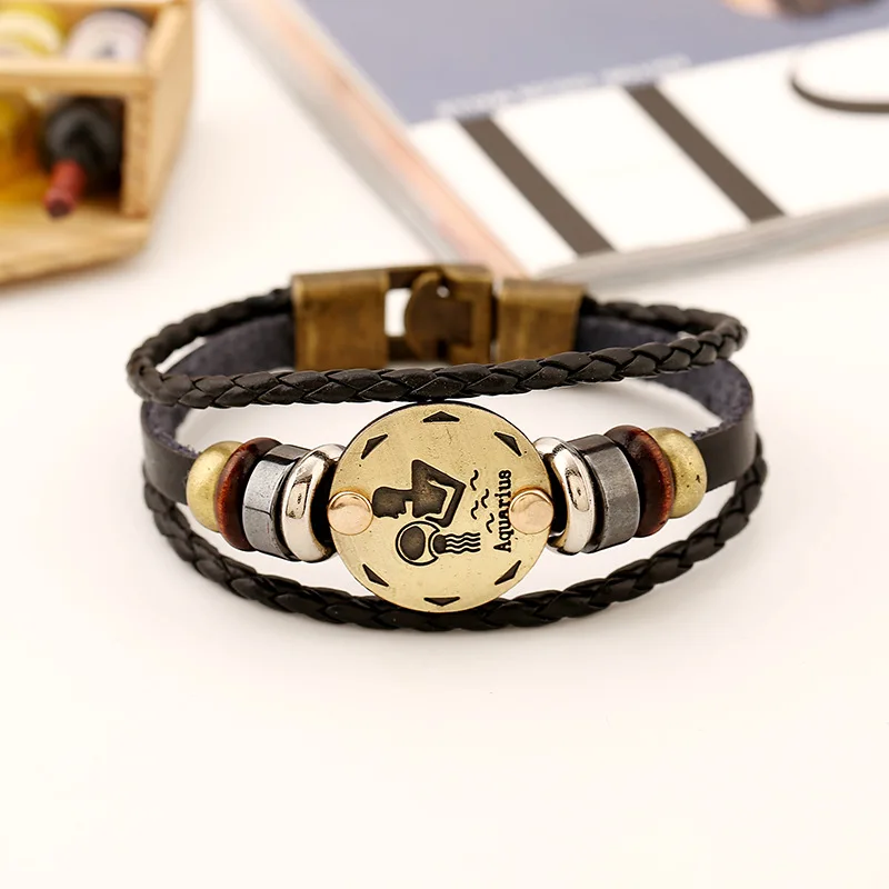 12 Constellations Leather Bracelet for Men Zodiac Signs Punk Multilayer Beads Charms Bracelets Male Jewelry | Украшения и