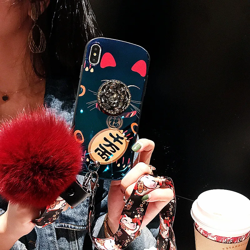 Роскошный защитный чехол для iphone XS max XR X с изображением кошки, мягкий чехол для iphone 11 Pro max 6 7 8 plus Maneki Neko+ ремни - Цвет: as picture