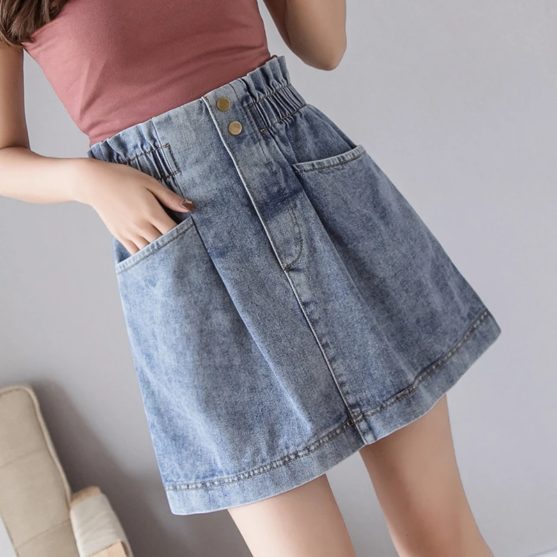 

Летняя Повседневная Женская эластичная синяя джинсовая юбка с высокой талией и карманами, модные женские свободные джинсы с широкими ножка...