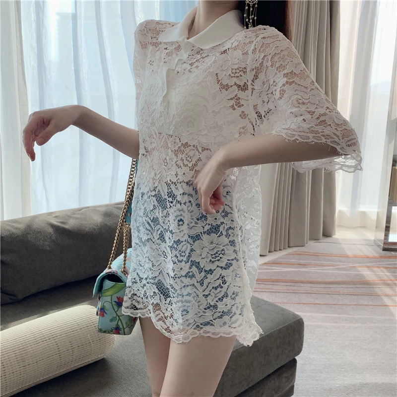hollow out perspective Women's Clothing sexy Blouses summer lace blusas mujer de moda tops club shirts new encaje |