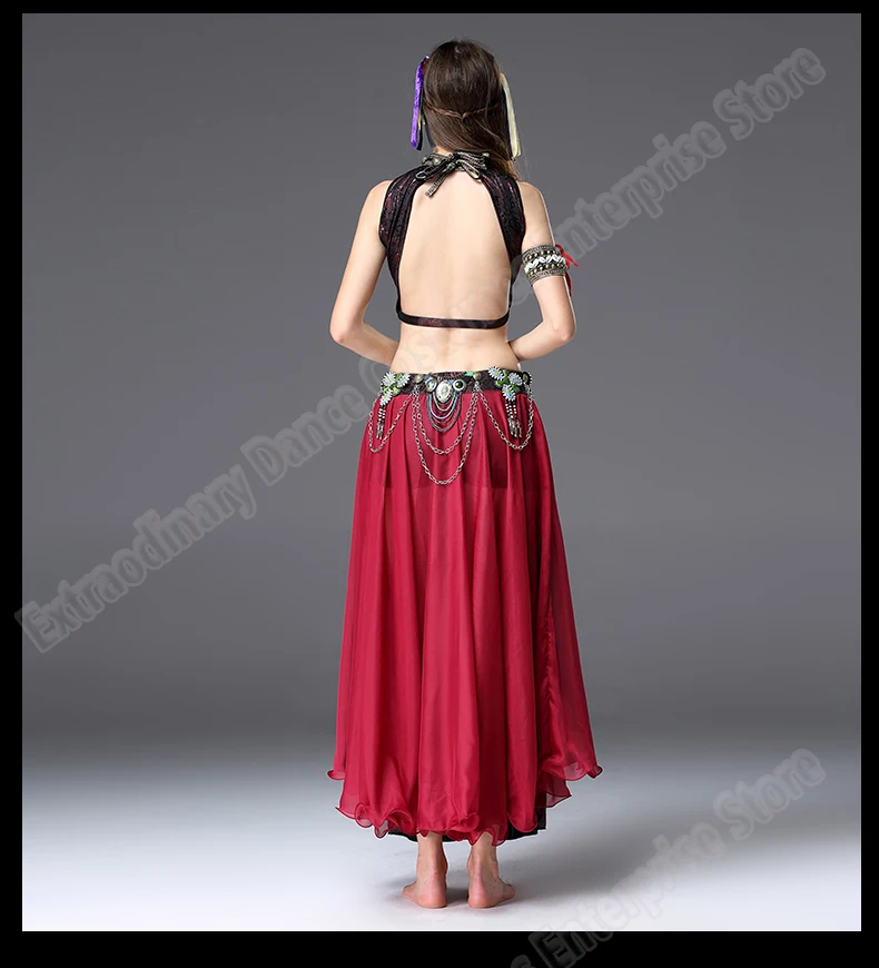 New Women Gypsy Top Belly Dance ATS Tribal Costume Suit Set Bra Top Skirt Bead Gypsy Dress Stage Performance Tribal