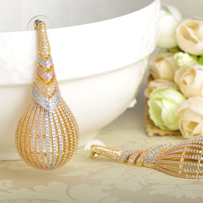 MECHOSEN Luxury Large Copper Drop Earrings For Women 3 Tones Plated Cubic Zirconia Earring Pendientes Mujer Moda Wedding Jewelry | Украшения