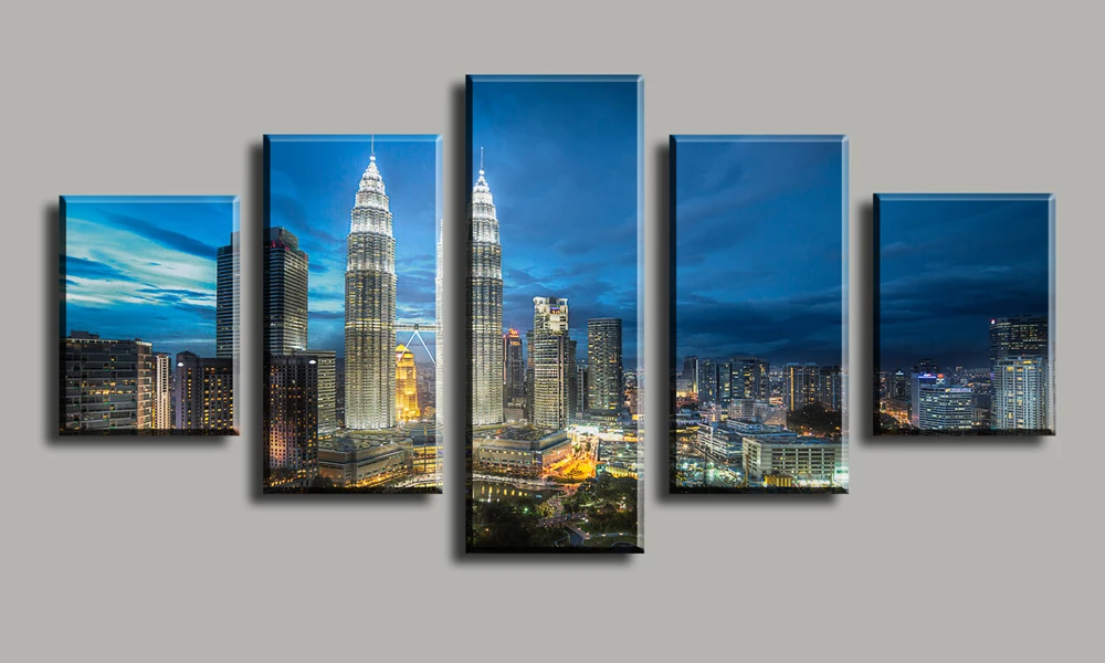 Fallout Wall Art Views Of The Twin Towers City At Night 5 Panels/set Hd Canvas Print Painting Artwork .decorative | Дом и сад
