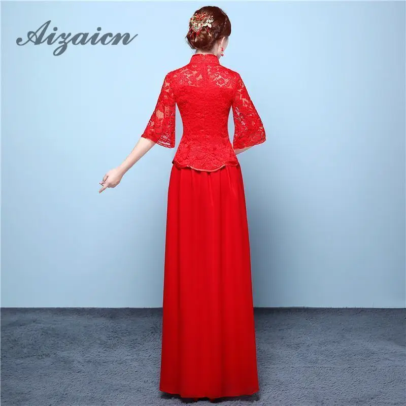 Женское кружевное платье Ципао с вышивкой Красное длинное свадебное в