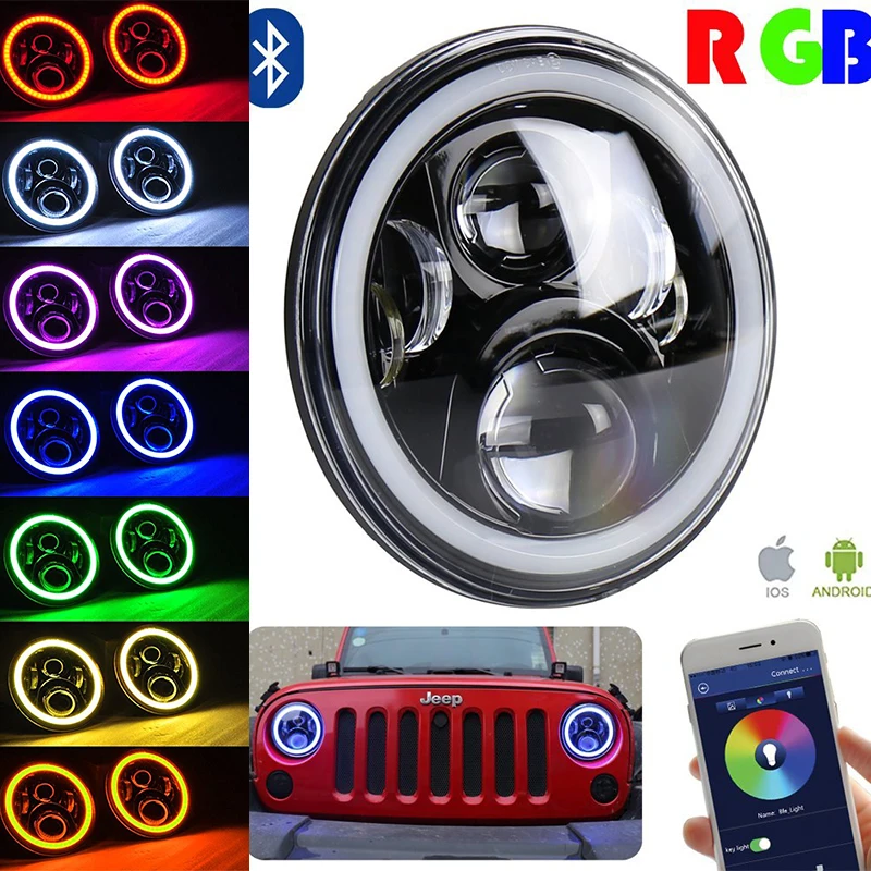 

Pair 7inch Black Projector led Headlights Kit 50W RGB Halo with Bluetooth Remote Angel Eyes for Jeep Wrangler JK LJ TJ Hummer