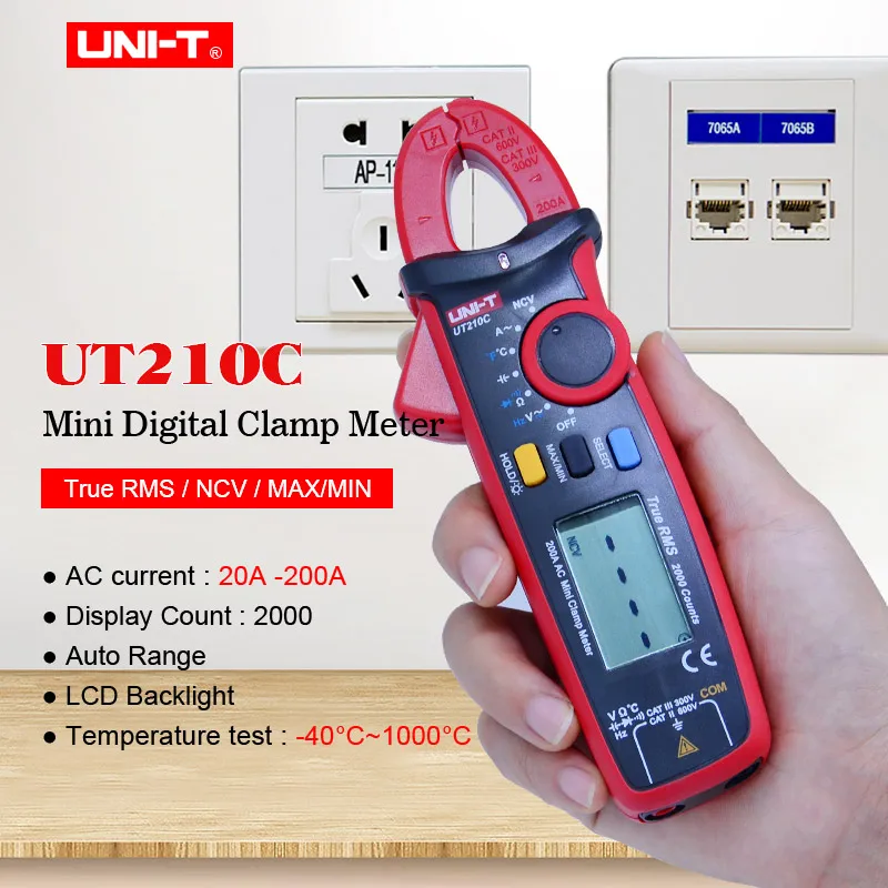 TRMS Mini Clamp Meter;UNI-T UT210C Auto Range Digital Multimeter;AC Current AC DC Voltage Ohm tester;Non-Contact Voltage testing