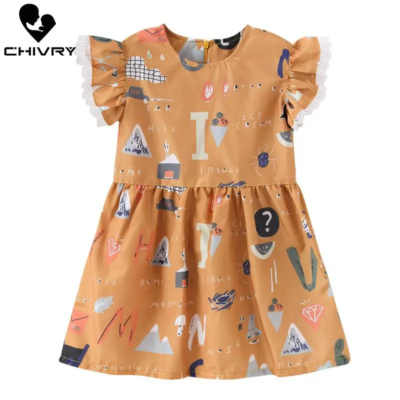 Summer Girls Cute Floral Flower Print A-line Dress Kids Baby Fly Short Sleeve O-Neck Princess Dresses Children Clothing | Детская одежда
