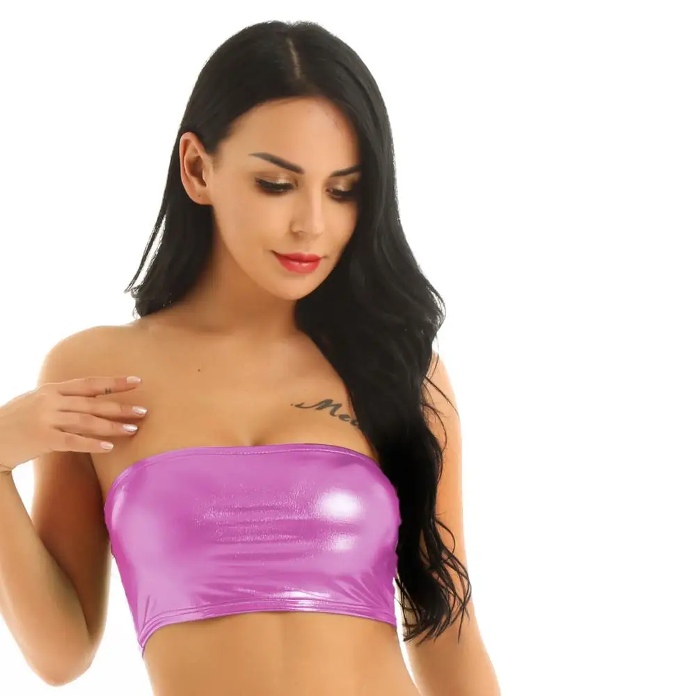 Женская Одежда для танцев на шесте Блестящий металлический укороченный Топ без
