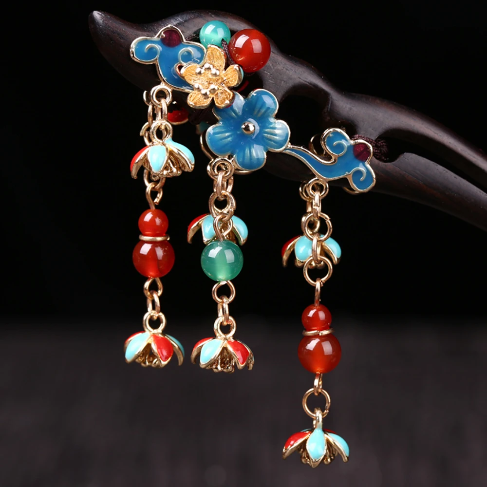 

Ethnic Handmade Tassel Hair Sticks Black And Ebony ZincAlloy Cloud Flower Red Stone Bead Cloisonne Flower Woman Jewelry FZ-17012