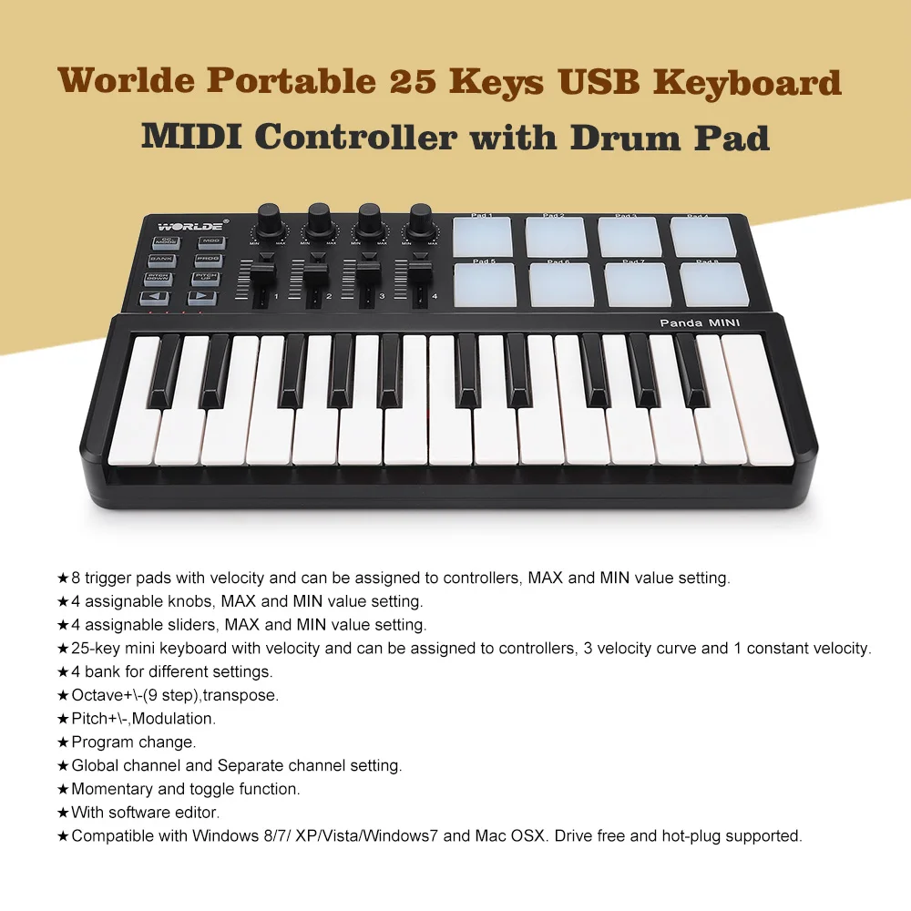 25 ключ USB MIDI контроллер клавиатуры с 8 барабан Pad