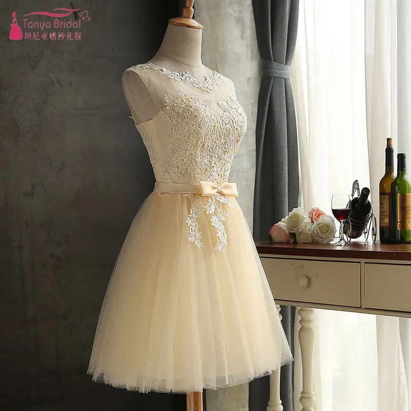 Champagne Tulle Homecoming Dresses With Bow Short graduation dresses special occasion dresses junior Cheap DQG310