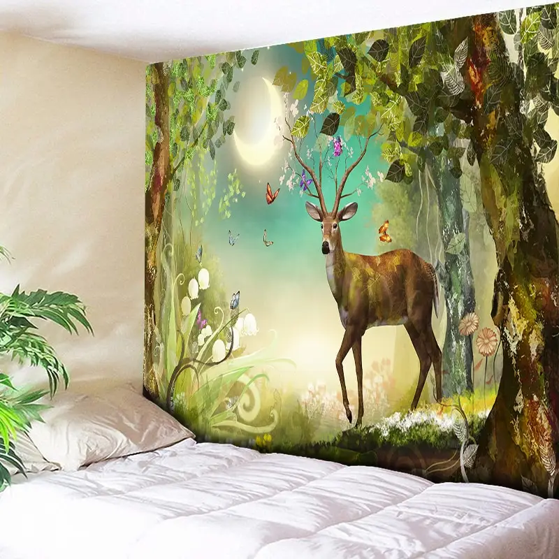 

Moonlight Forest Elk Decorative Tapestry Christmas Wall Hanging Bohemian Art Carpets Boho Hippie Tapestries Tablecloth Colorful
