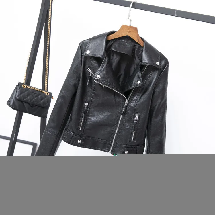 Женское однотонное пальто из искусственной кожи с отложным воротником на молнии