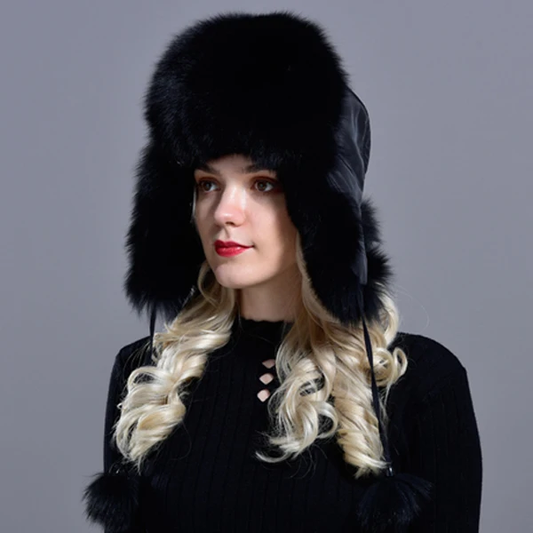 Женские шапки-бомберы из енота, лисы, меховые пушистые зимние шапки для женщин, девочек, теплые ветрозащитные трапециевидные русские шапки с ушками - Цвет: black fox