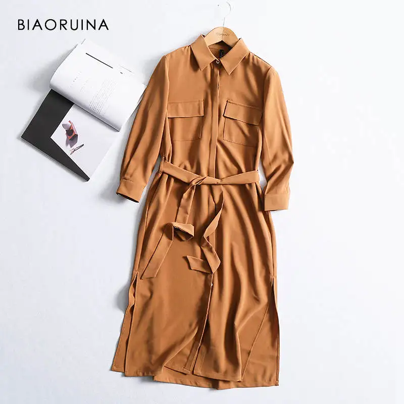 Коричневый BIAORUINA, женское однотонное Элегантное Длинное Платье-рубашка, длина до середины икры, женское Повседневное платье с разрезом сбоку, женское винтажное платье трапециевидной формы - Цвет: Коричневый