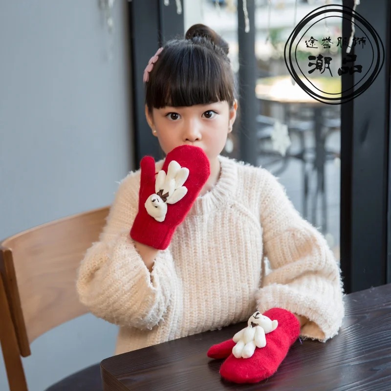 Осенне зимние кашемировые перчатки для девочек с мультяшным медведем кроличьим