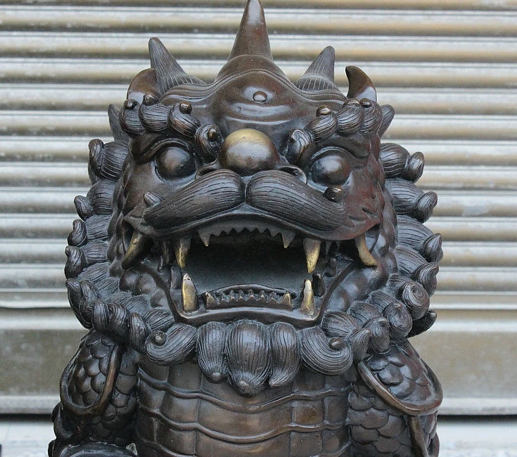 China FengShui Bronze Gilt Carved Wealth PiXiu Unicorn Beast Ball Statue Pair | Дом и сад