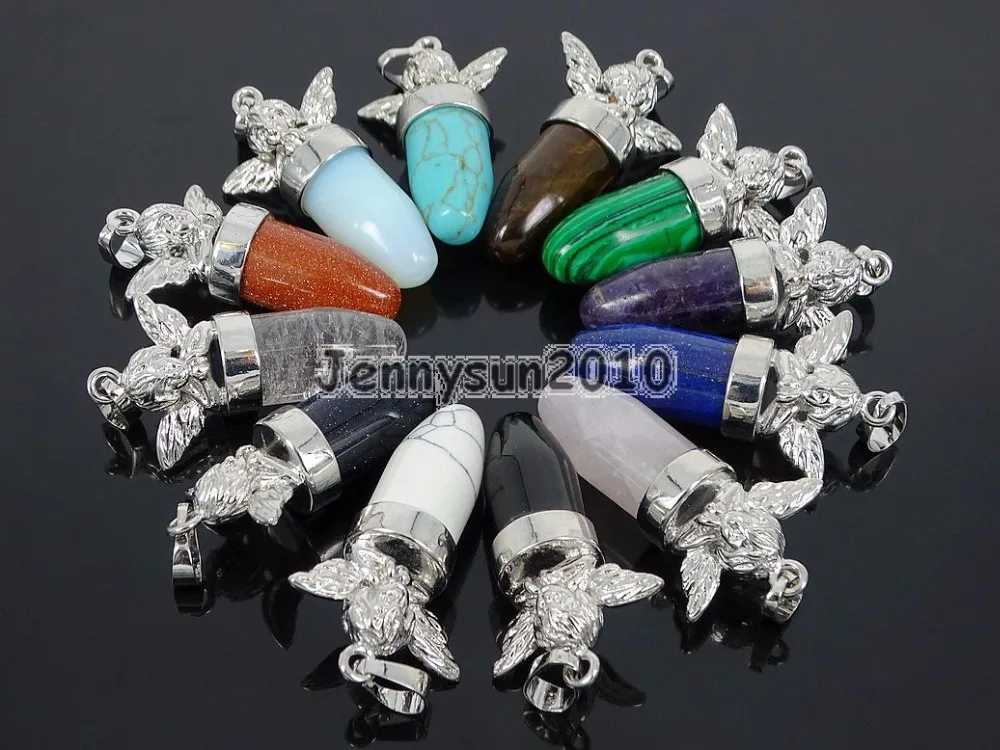 

Natural Gems Stone Bullet Angle Wing Healing Pendant Charm Beads Silver Plated Healing Jewelry Design 10Pcs/Pack
