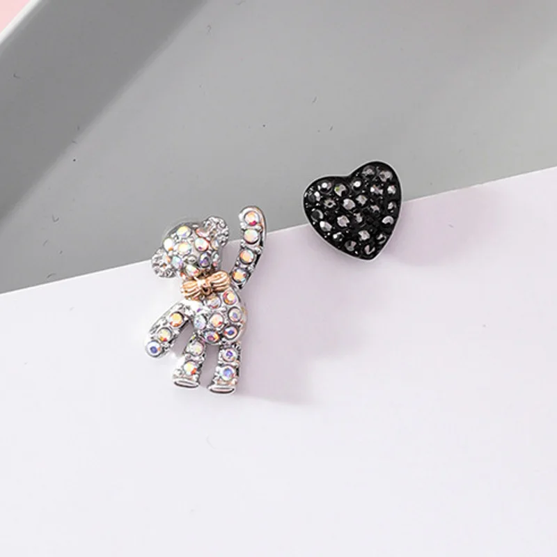 Sweet Cute Asymmetric Rhinestone Bear Love Heart S925 Sterling Silver Stud Earrings for Women Wedding Charm Jewelry Pendientes | Украшения