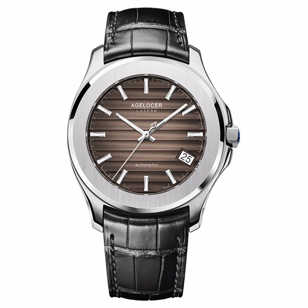 

Agelocer Top Brand Luxury Automatic Watches for Men Steel Brown Dial Watches Leather Strap Steel Analog Watches Gift 6303A1