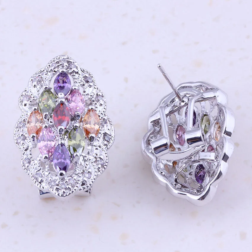 Небесно-многоцветные подделки мультикамней серебристого покрытия серьги хагги для женщин, брачные ювелирные изделия, свадебные аксессуары C0025.