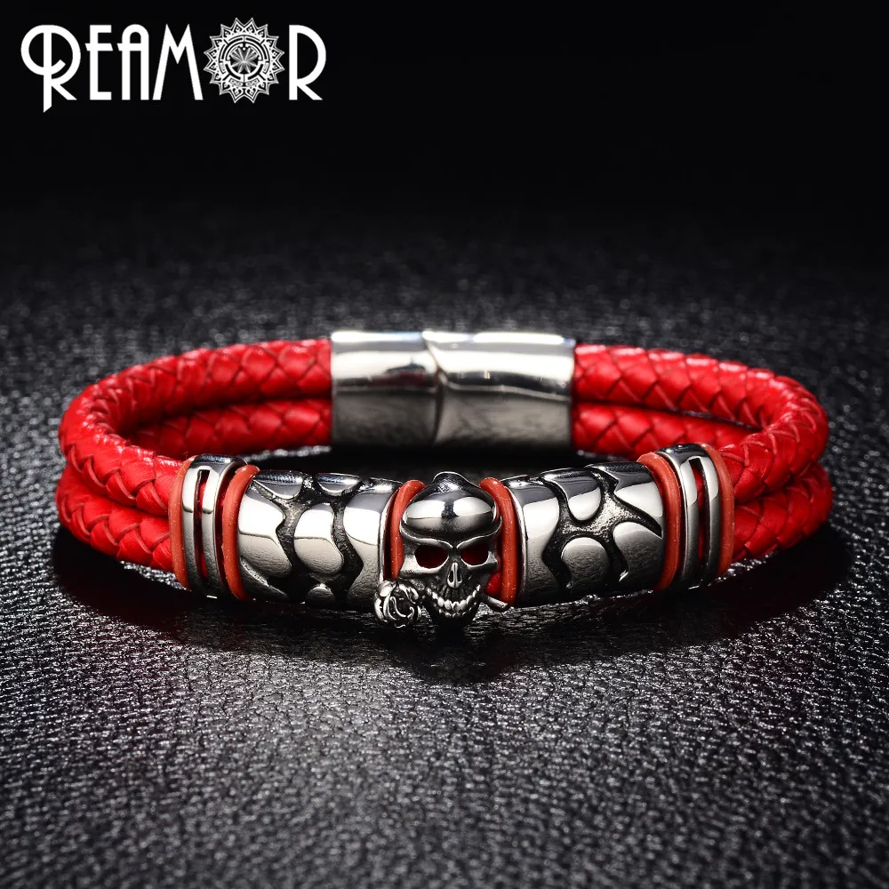 Мужские браслеты REAMOR из нержавеющей стали 316L со скелетом и розой двойные
