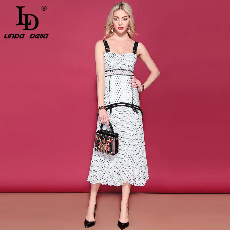 Многоцветный LD LINDA Делла, модные Подиумные летние праздничные платья для отдыха, женское повседневное длинное платье в горошек с рюшами на бретельках - Цвет: Многоцветный