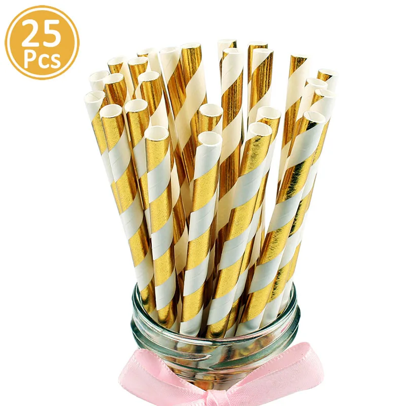 gold stripe С Днем Рождения украшения 25 шт. смешанные Полосатые Бумажные соломинки для взрослых 1st первая Принцесса мальчик девочка поставки 2 - Цвет: gold stripe