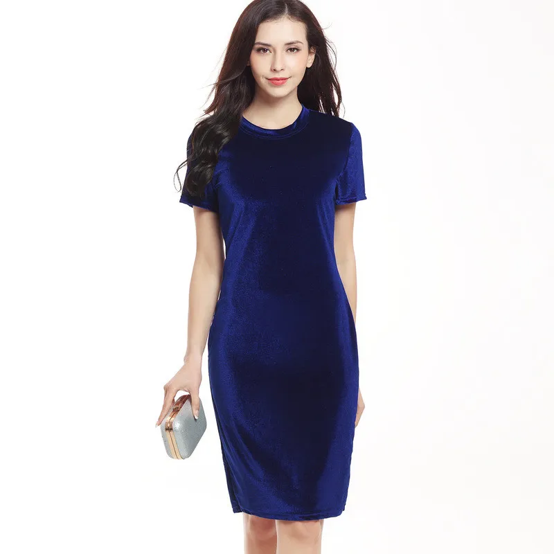 

Women's Velvet Solid Color Round Neck Stretchy Short Sleeves Straight Dress