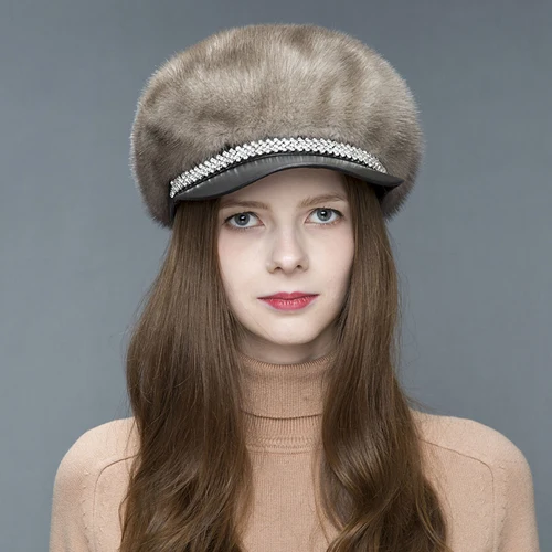 gray Натуральная меховая шапка зимняя женская шапка из натурального меха норки модная Осенняя шапочка Женская шапка из овечьей кожи Czapka Zimowa MY815 - Цвет: gray