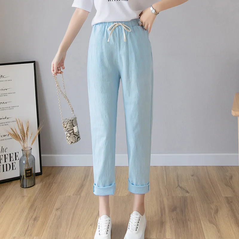 light blue Женские повседневные длинные брюки Харадзюку длиной до щиколотки, лето-осень размера плюс, однотонные штаны из хлопка и льна с эластичной резинкой на талии, черные брюки - Цвет: light blue