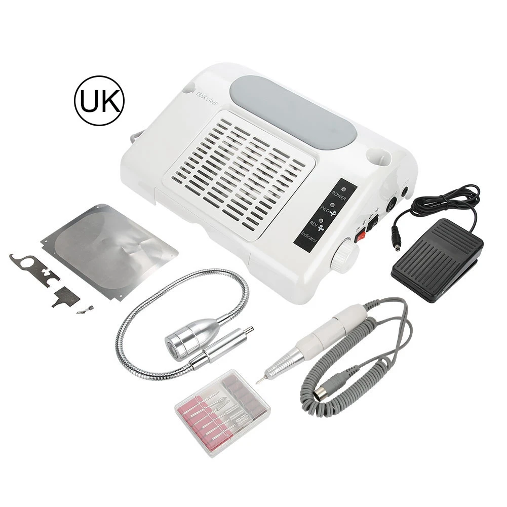 UK Plug 3 In 1 Nail Grind Polishing Drill Dust Collector Vacuum Cleaner Manicure Machine with LED Desk Pedicure Nail Art Equipment - Цвет: UK Plug