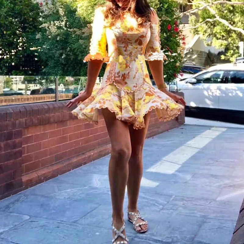 Floral Print Dress Tunic Lace Trim Women Casual Mini | Женская одежда