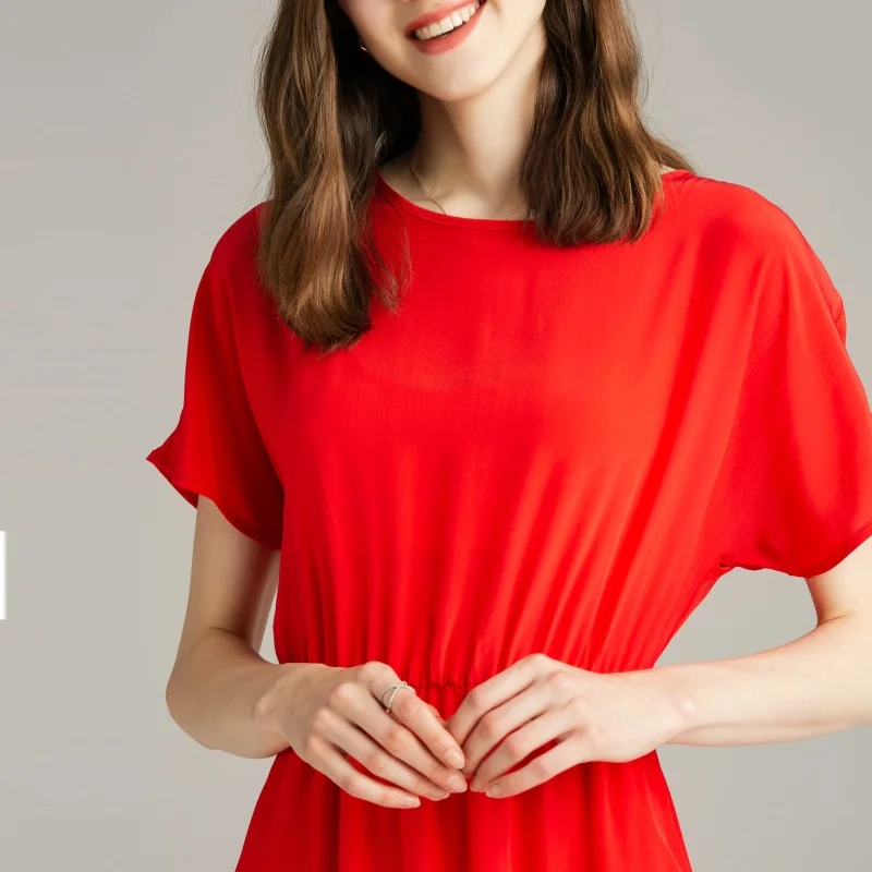 Женское шелковое платье 100% натуральный шелк креп красное с короткими рукавами