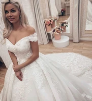 off the shoulder wedding dress 2022 puffy lace appliques plus size ivory long train church lawn vestido de novia gowns for bride