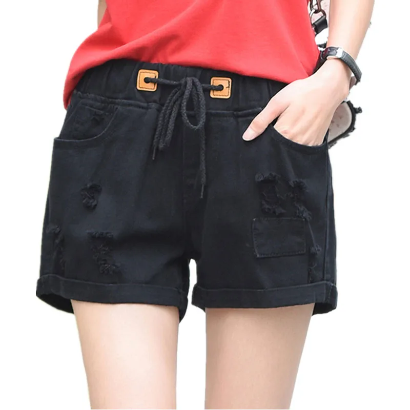 Шорты женские джинсовые эластичные с завышенной талией свободные дырками и