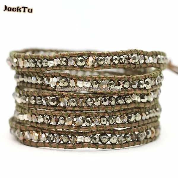 

3mm 4mm crystal mix pyrite leather wrap bracelet for women