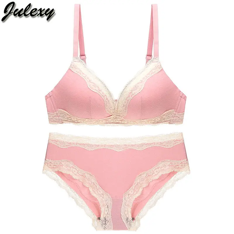 Julexy, новинка, сексуальный бюстгальтер с чашечками A B, без косточек, Женский комплект с бюстгальтером пуш-ап, комплект нижнего белья с дырочками, Комплект трусов, нижнее белье без косточек - Цвет: Розовый