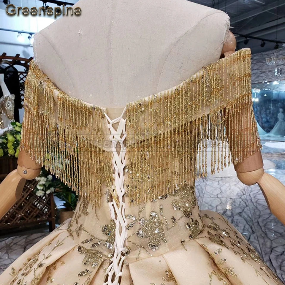 Женское свадебное платье Greenspine Золотое длинное с блестками и открытыми плечами