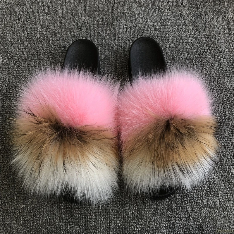 fox hair Женские шлепанцы с натуральным лисьим мехом; меховые летние пляжные шлепанцы; пляжные сандалии; шлепанцы без задника на плоской подошве; женская уличная обувь с пушистой лисой - Цвет: fox hair