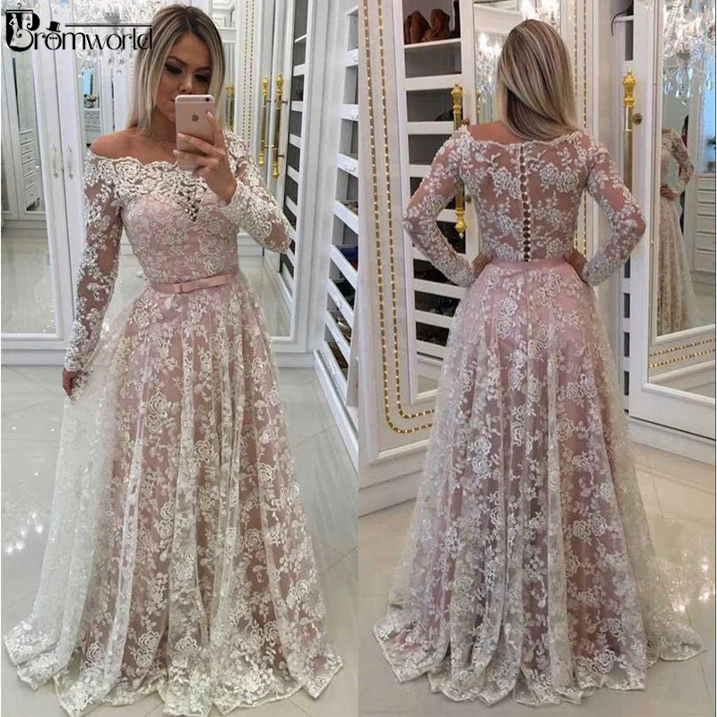 

Lace Muslim Evening Dresses 2021 A-line Off Shoulder Long Sleeves Plus Size Saudi Arabic Dubai Long Evening Gown Formal Dress