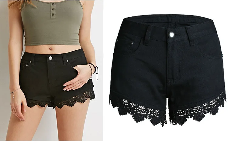 Женские повседневные кружевные шорты черные Лоскутные большого размера