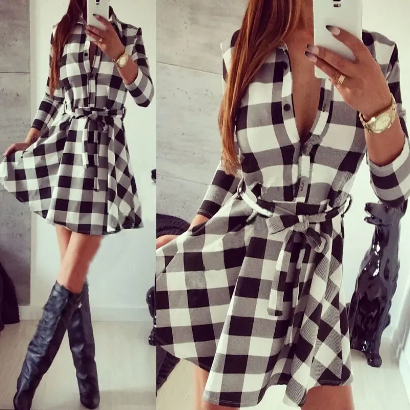Женское платье туника в клетку Kilt клетчатое с длинными рукавами стиле преппи