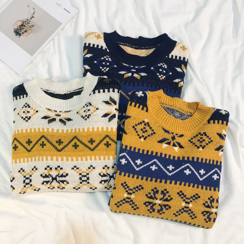 2020 Vintage Sweater Women Oversized Long Sleeve Loose O-Neck Knitted White Geometric Pattern Embroidery Sweaters Female | Женская