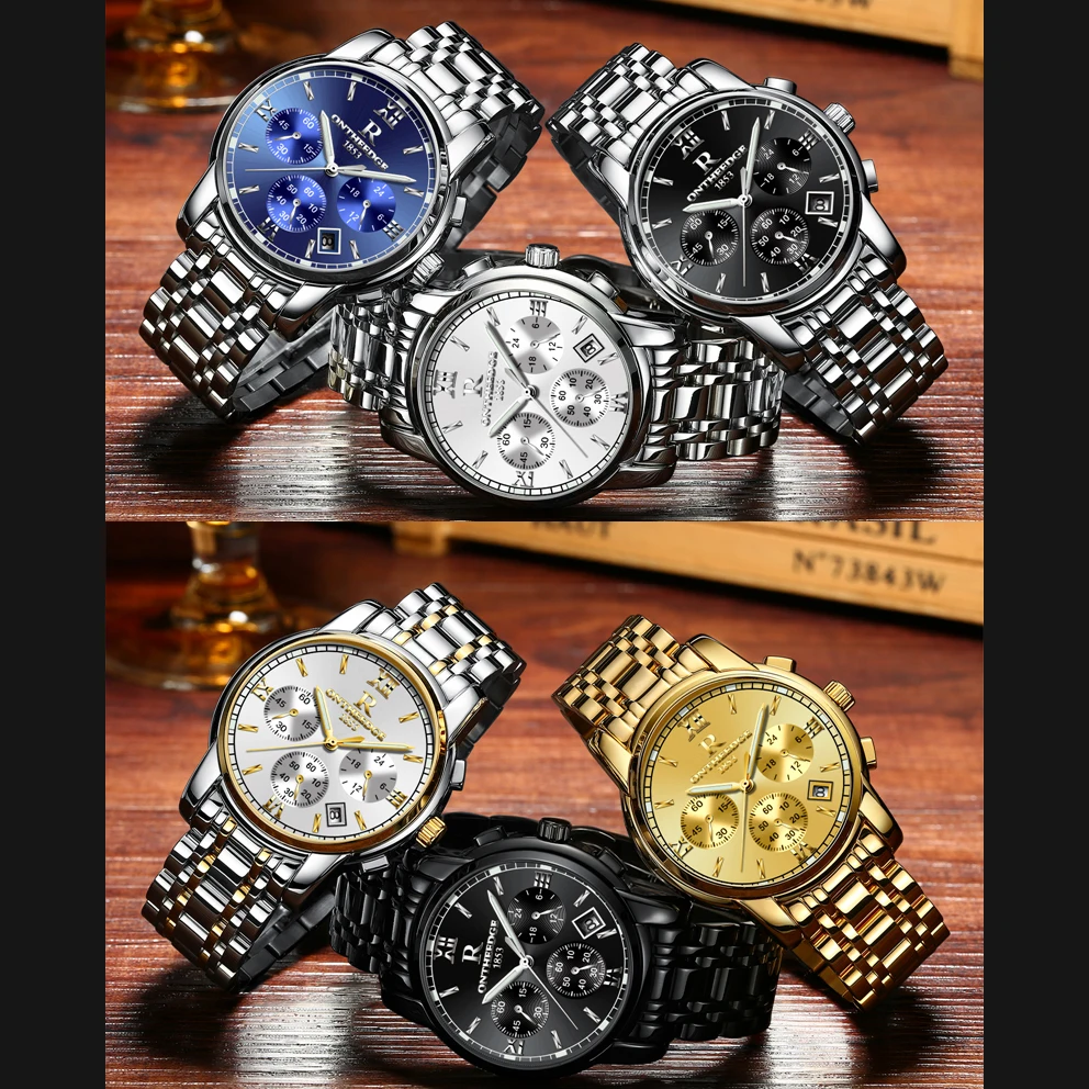 RONTHEEDGE кварцевые часы Нержавеющая сталь Авто Дата Хронограф Роскошные Бизнес