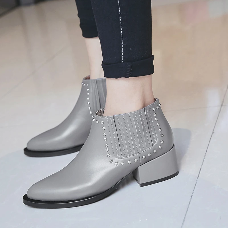 

WETKIS Thick High Heels Ankle Boots Women Rivet Chelsea Boots New Autumn Fashion High Neck Shoes Ladies Genuine Leather Footwear