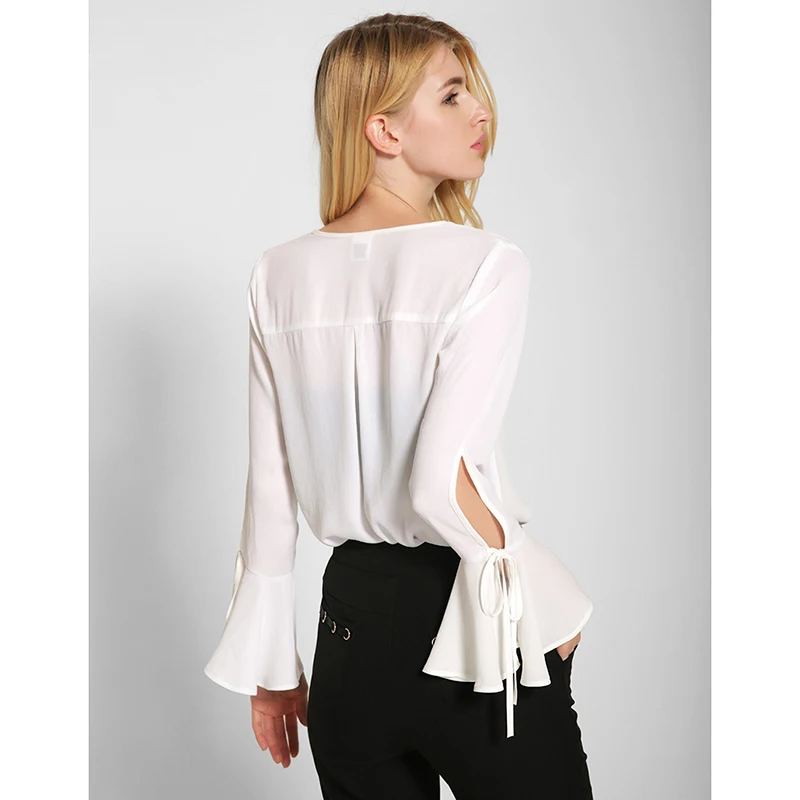 2017 Весенняя мода элегантный v-образным вырезом блузка рубашка сплошной цвет Flare с