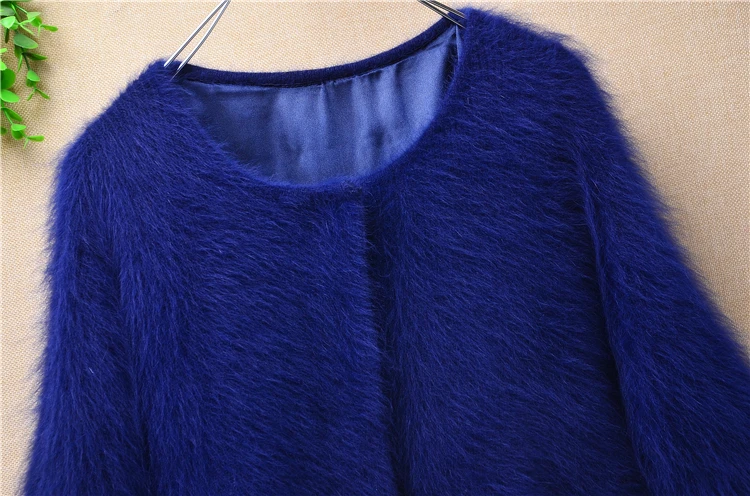 women femme winter heavy thick plush mink cashmere fox tail cardigan seven flare sleeve slim angora knitwear sweater coat mantle |